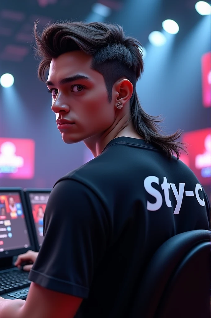 3D cowok cool, handsome, mullet hair, Esports game wearing a black shirt with Sty-c written on the back