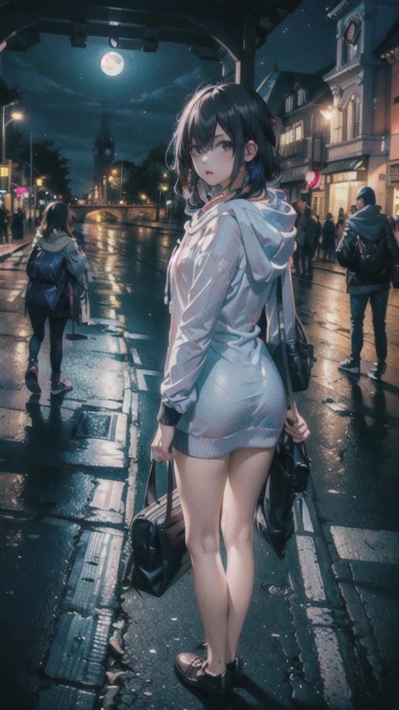 (high resolution),One girl,(The street where the river flows),(European cityscape),Look back,whole body,silhouette,night,full moon,(Moonlit streetscape),(In front of the road to the clock tower),(Girl in the distance),Grey hoodie,(Wearing a hood)