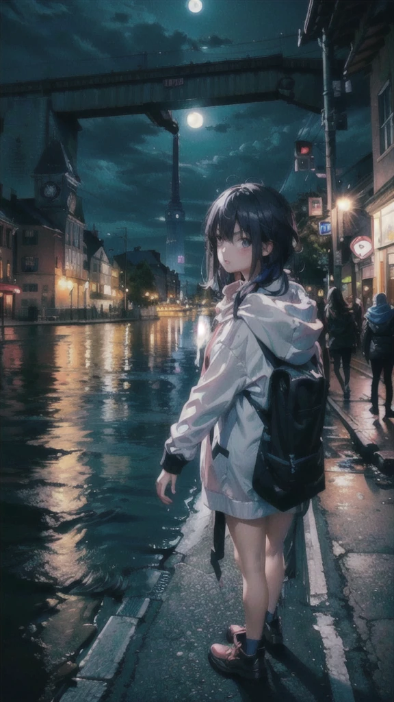 (high resolution),One girl,(The street where the river flows),(European cityscape),Look back,whole body,silhouette,night,full moon,(Moonlit streetscape),(In front of the road to the clock tower),(Girl in the distance),Grey hoodie,(Wearing a hood)