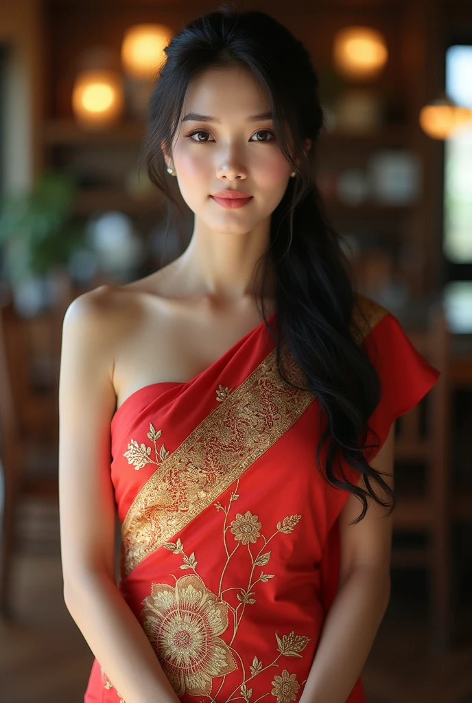 Beautiful woman in Thai dress、((best quality、Masterpiece 8,000 pieces:1.3))、Sharp focus:1.2、(An exceptionally beautiful face:1.0)、(Oily skin:1.0)、photorealistic photo、have dark hair、Video light、High definition eyes and face、Video light、Japanese idol stars、from the front、big breasts、smile、Beautiful figure, slim stomach、whole body、Finger details、detailed hands、(Refer to 5 books)