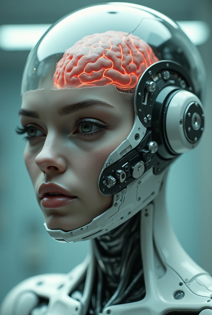 cinematic photo shoot of organic brain encased in a cybernetic clear skull head of a beautiful alluring female alien species [Maude Adams:Margot Robbie:0.5], highly detailed, intricate, digital painting, artstation, concept art, smooth, sharp focus, hyper photorealistic illustration, art by Don Lawrence and Frank Bellamy and alphonse mucha, 32k,