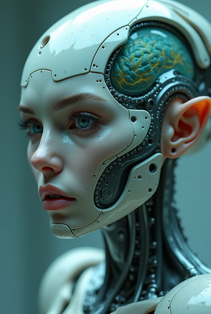 cinematic photo shoot of organic brain encased in a cybernetic clear skull head of a beautiful alluring female alien species [Maude Adams:Margot Robbie:0.5], highly detailed, intricate, digital painting, artstation, concept art, smooth, sharp focus, hyper photorealistic illustration, art by Don Lawrence and Frank Bellamy and alphonse mucha, 32k,