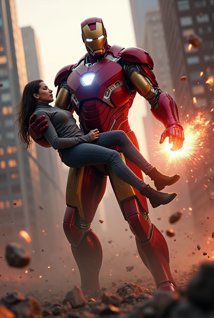 Iron Man holding a person and using his chest beem