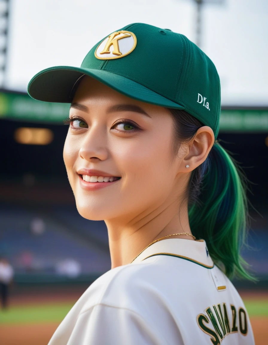 Upper body, A gorgeous young asian girl in a Glamorous outfit, beautiful long slender slimmed face Japanese girl, smiling,still from the film, (solo), ((Marion Cotillard look alike face: 0.8)), green hair, violet eyes, (medium breasts), (petite body), messy hair, ponytail, medium length hair, looking at viewer, baseball uniform, outdoors, stadium, taut clothing, baseball cap, low-angle view, view from behind, back, cowboy shot, baseball pants, (masterpiece, best quality, very aesthetic, ultra detailed), intricate details, beautiful face, detailed eyes, detailed background, light from above, shiny skin, oiled skin, (Leica SL3, Summicron-SL 75 f/8 ASPH, kodak gold 400 film),