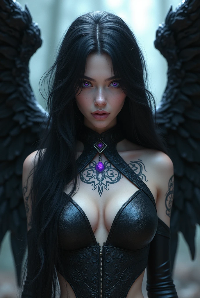 Long, wavy black hair Intense violet eyes Pale, ethereal skin Majestic black wings Sleek, light armor with silver accents Mystical tattoos and markings