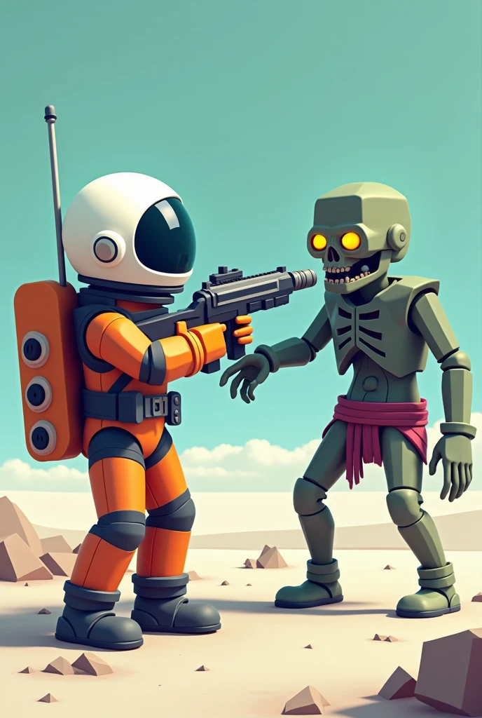 An Astronaut made of blocks shooting a zombie