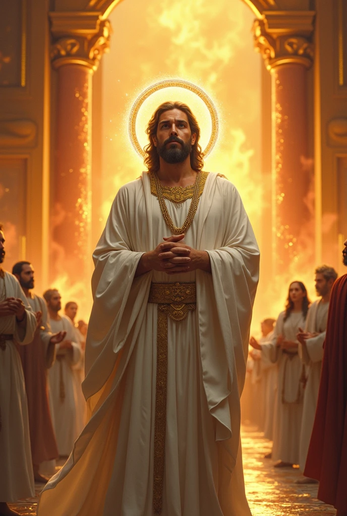 A realistic scene depicting Book of Daniel 7:9-14, wearing white robes, with an expression of authority and serenity, standing before the throne with the Ancient of Days. The background shows a flaming throne with the Ancient of Days seated on it., with its wheels of fire, surrounded by heavenly multitudes, with a crystal sea in the background. Heavenly light illuminates the figure, creating a golden halo around your head. Style inspired by Renaissance sacred art, with gold and silver details, fine brush strokes, high contrast between light and shadow, detailed realism, Cinematic depth of field