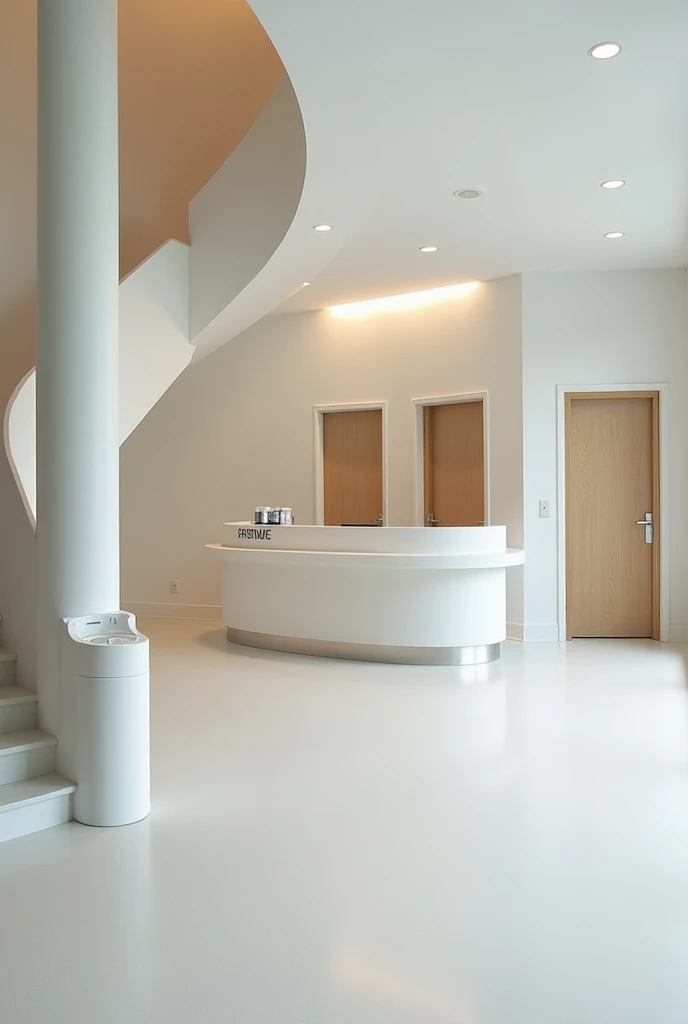 a reception room with a large receptionist table in the middle of it, in the left wall there is a white staircase to the next floor and a pillar in the side of it looking to the direction of the large table, with an water fountain in the front of the pillar with some plastic cups on the wall. behind the table there is two door that lead us to a restroom, one for male and one for female, and in the right wall there is just a door to the janitor room