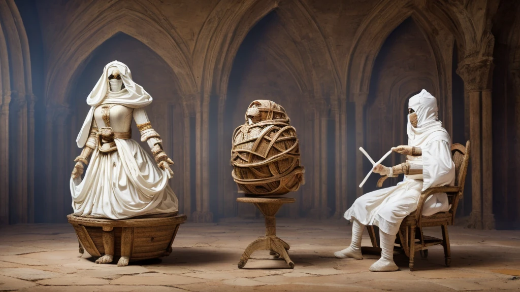 ((masterpiece, Mummy Monster, Missing legs, Round body, Round face, Covered with white cloth)), Spinning, Soap bubble, Medieval castle, On the wall, ruins, sunny