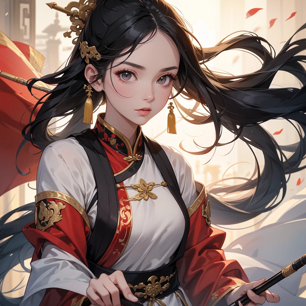 A beautiful woman with long black hair, wearing a hairpin, wearing an ancient Chinese general's outfit, holding a long spear, on the battlefield, close up.