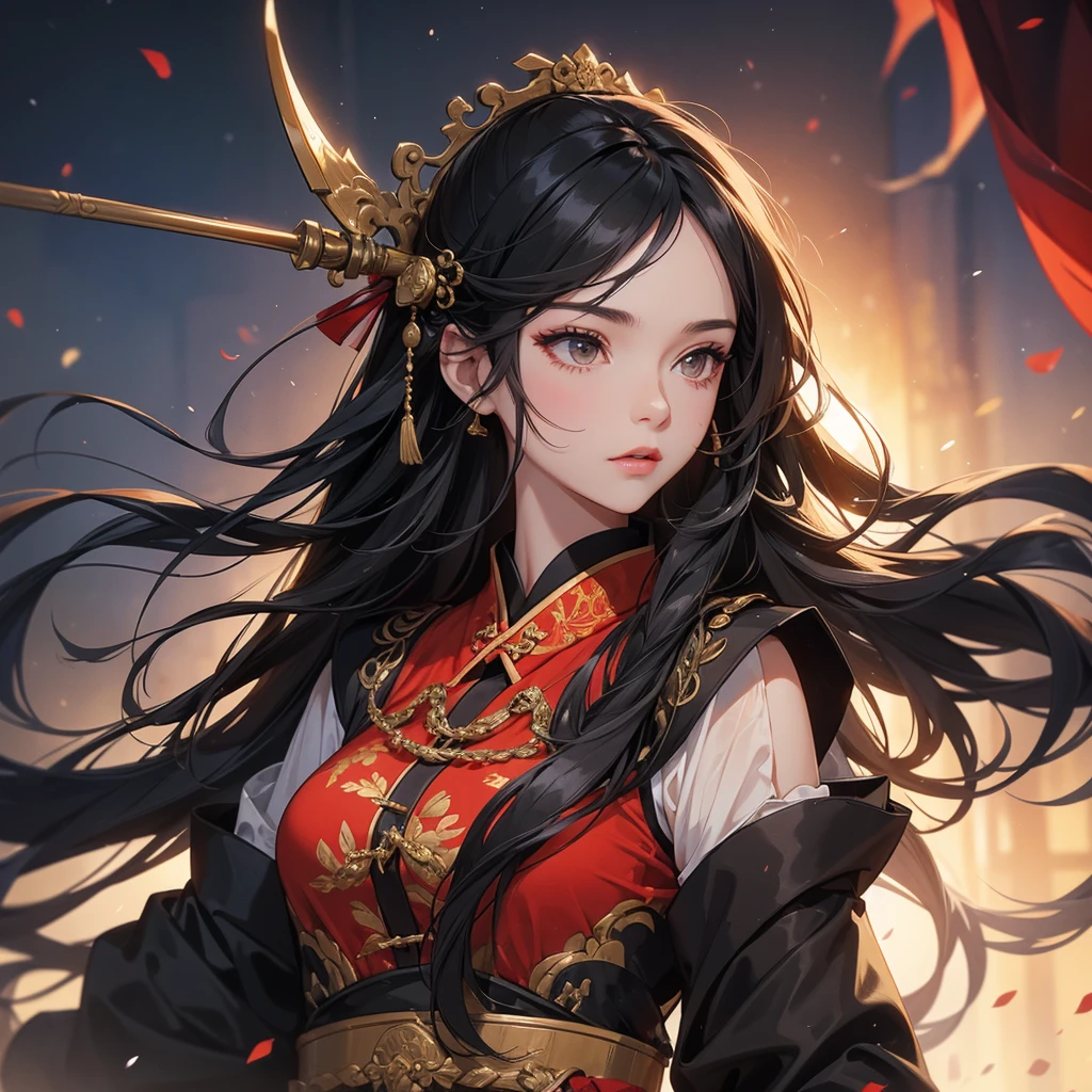 A beautiful woman with long black hair, wearing a hairpin, wearing an ancient Chinese general's outfit, holding a long spear, on the battlefield, close up.