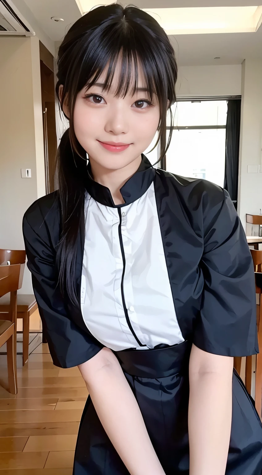 (Highest quality,masterpiece:1.3,Ultra-high resolution,),(Very detailed,Caustics),(Realistic:1.4,RAW shooting,)Ultra-Realistic Capture,Very detailed,High resolution 16K human skin closeup。 Natural skin texture、,pores、、、、It must be detailed enough to be easily identifiable。 Skin tone is even and healthy looking。 Use natural light and colour,restaurant,Waitress Uniform,1 girl,Japanese,18-year-old,cute,Black-haired,ponytail,Big Breasts,smile,Turn your body forward,(Front view:1.1),Looking into the camera,Cowboy Shot,