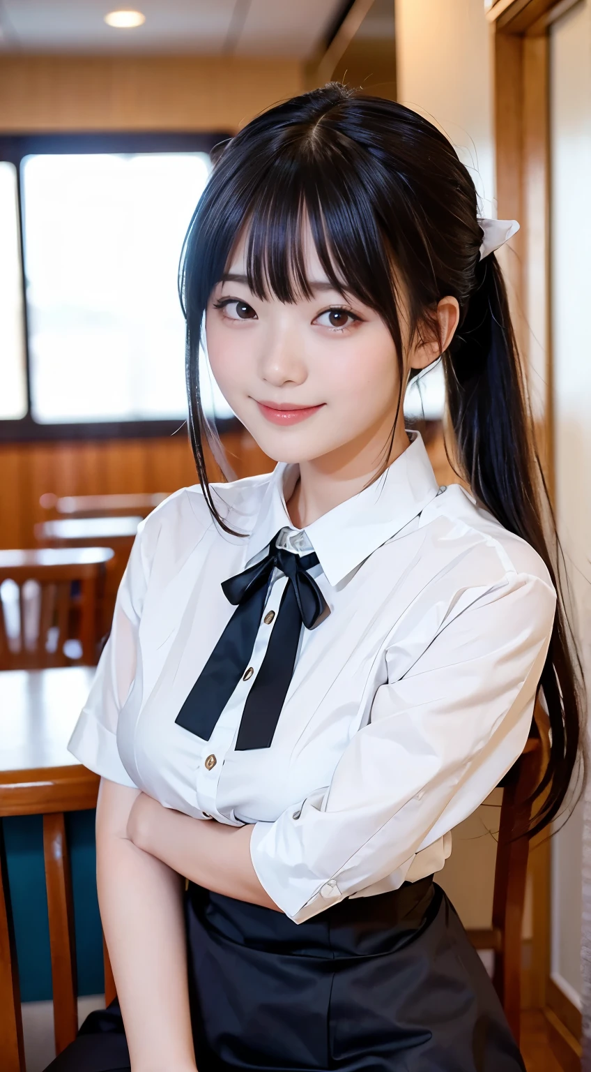 (Highest quality,masterpiece:1.3,Ultra-high resolution,),(Very detailed,Caustics),(Realistic:1.4,RAW shooting,)Ultra-Realistic Capture,Very detailed,High resolution 16K human skin closeup。 Natural skin texture、,pores、、、、It must be detailed enough to be easily identifiable。 Skin tone is even and healthy looking。 Use natural light and colour,restaurant,Waitress Uniform,1 girl,Japanese,18-year-old,cute,Black-haired,ponytail,Big Breasts,smile,Turn your body forward,(Front view:1.1),Looking into the camera,Cowboy Shot,