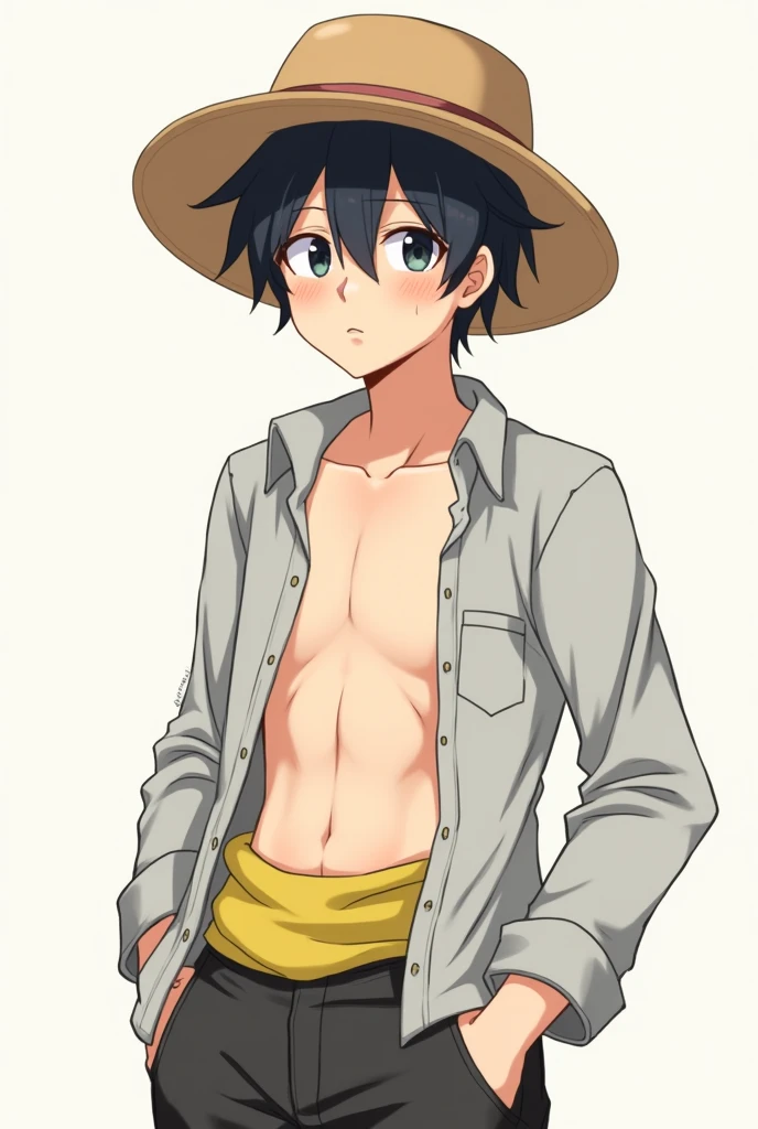 A young man wearing a straw hat, a long-sleeved button-up shirt, shorts, a yellow belly warmer, a little younger, his hair is black, his clothes are red, his pants are blue, his clothes are a little small, the buttons are undone and his belly is visible, his shirt has no collar, it looks like an anime