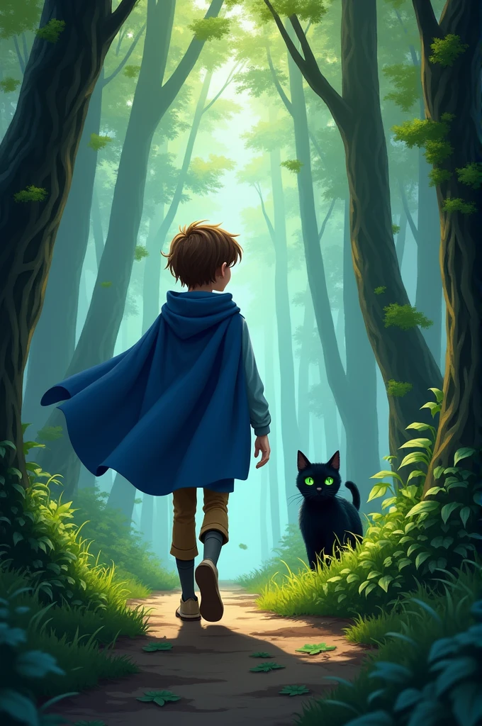 ager with blue cape was walking along the forest path and found a black cat with green eyes in some bushes