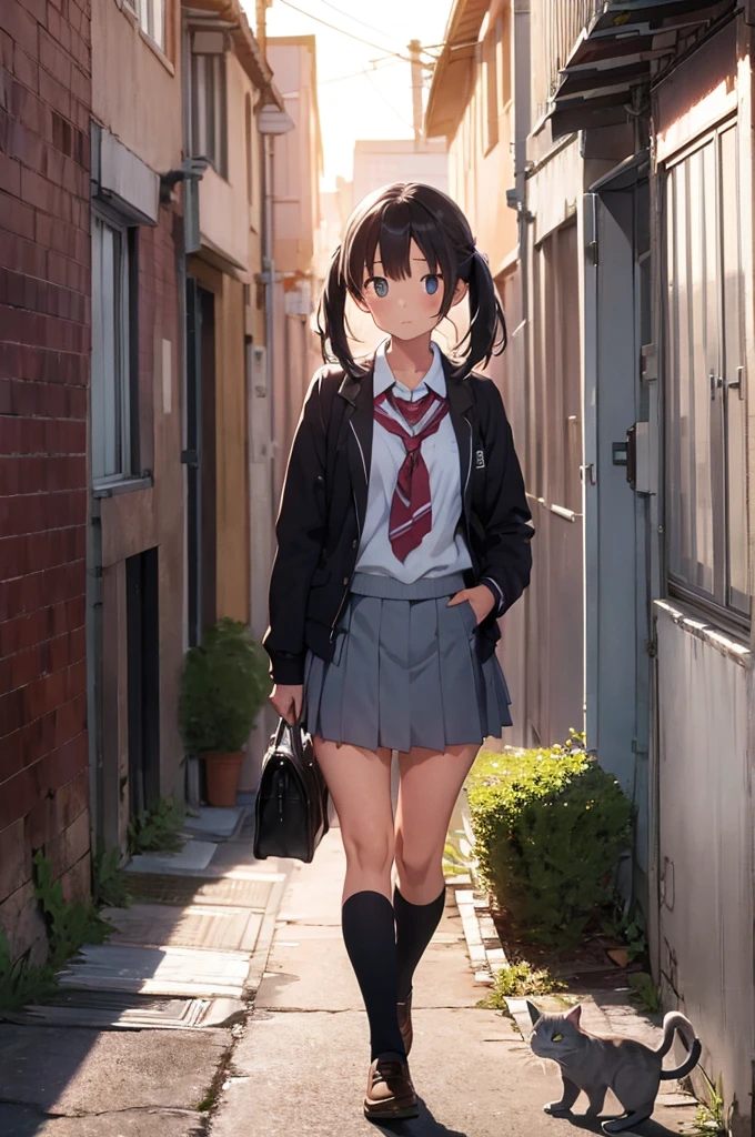 girl in school uniform with a grey cat, alleyway, sunset, 50mm lens
