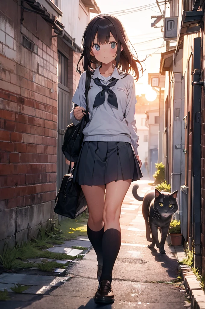 girl in school uniform with a grey cat, alleyway, sunset, 50mm lens