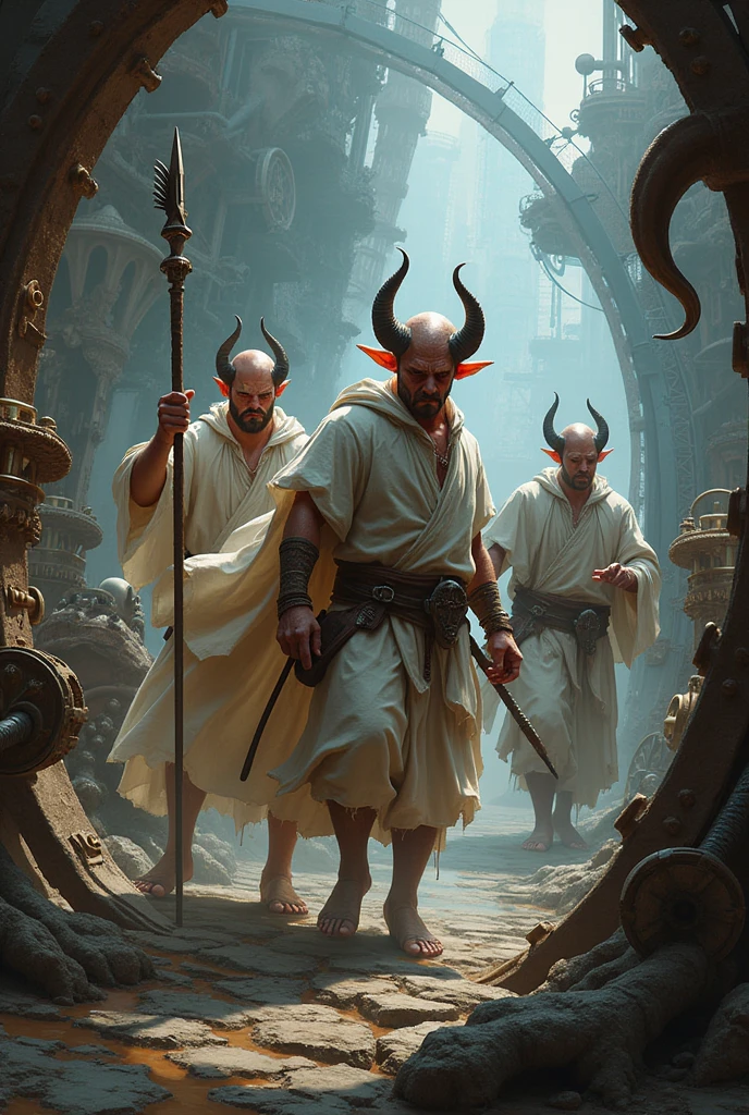 French Tiefling men for Dugeons and dragons,bald ,tunic color white ,magic , tematic Steampunk