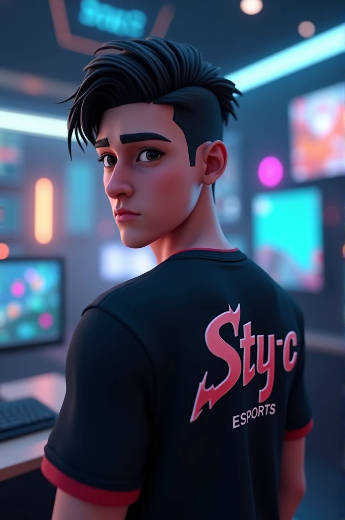 3D cowok cool, handsome, Esports game wearing a black shirt with Sty-c written on the back