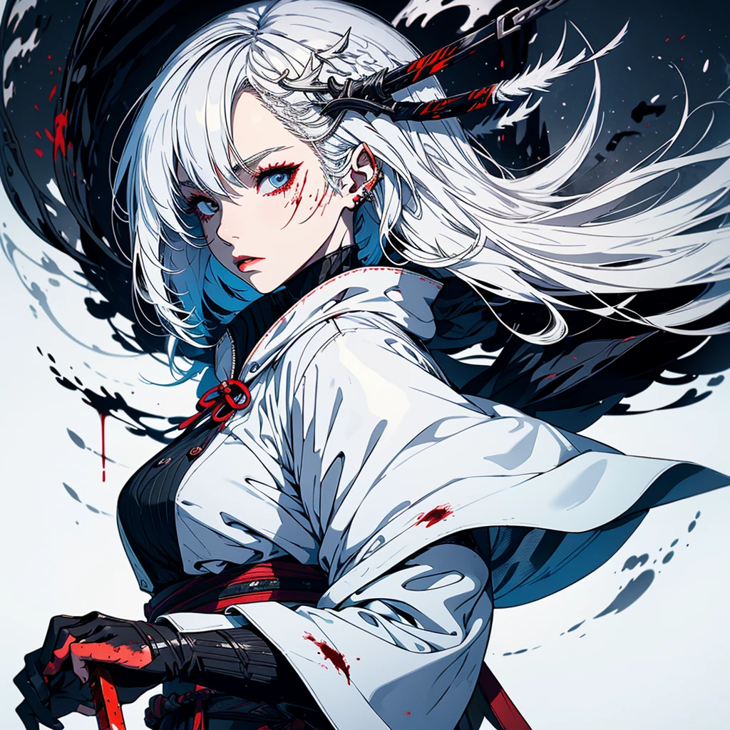 Create a woman with white hair and a kusarigama in her hands with a coat covered in blood.