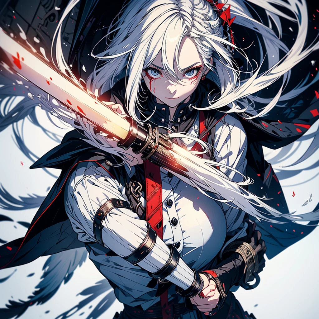 Create a woman with white hair and a kusarigama in her hands with a coat covered in blood.