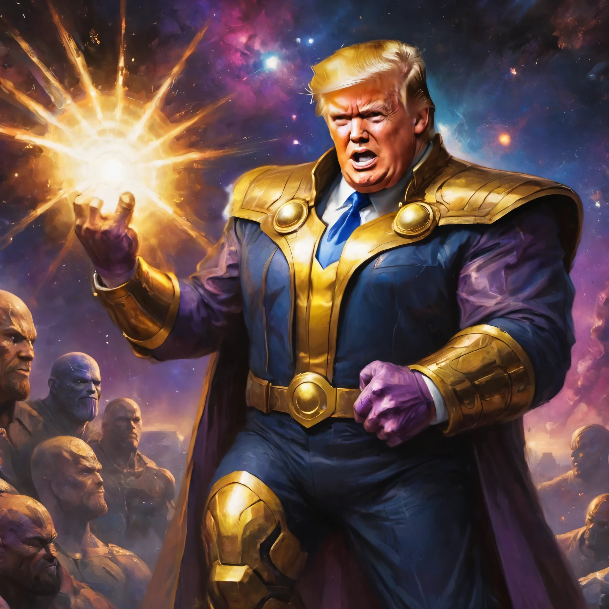 Donald Trump in a triumphant pose, He is portraying villain Thanos, wearing the Infinity gauntlet
