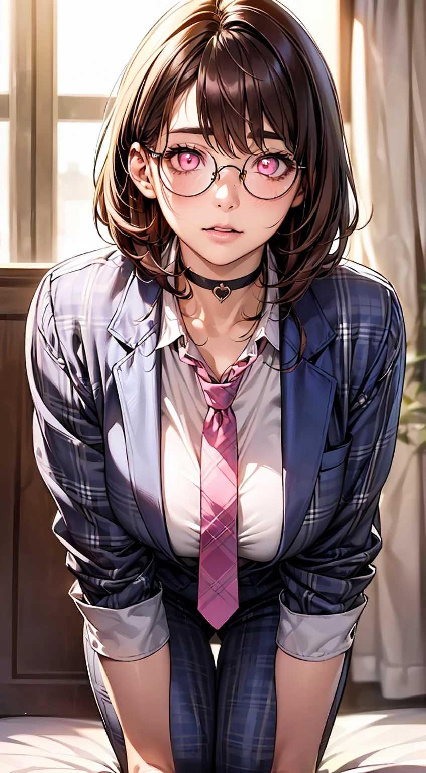 (masterpiece:1.2, Highest quality), (Realistic, photoRealistic:1.4), Beautiful illustrations, 
Looking at the audience, whole body, Front view:0.6, 
1 female, Japanese, high school girl, ((Medium Hair:1.5, Light brown hair)), Hair fluttering, bangs, Hair between the eyes, Big Breasts:0.8, 
Beautiful Hair, Beautiful Face, Beautiful and detailed, Beautiful clavicle, (Chubby body type:1.5), Beautiful breasts, Beautiful thighs, Beautiful legs, Beautiful fingers, (Dressed on all fours)
(Inside a luxury hotel room) ,
((White shirt , Grey checked jacket and pants, (Blue plaid tie, Round Glasses), choker)), (please put your hand on your chest, Place your hands between your legs), blush, (Glowing pink eyes:1.6, Droopy eyes:1.4)