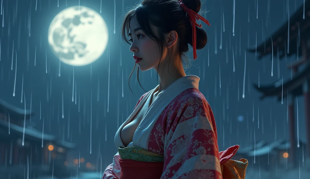 two beautiful Japanese women with big breasts in a revealing short kimono, each with a samurai sword, in a fighting pose, preparing to strike, night, big moon, moonlight, strong wind, raindrops, kimonos of different colors