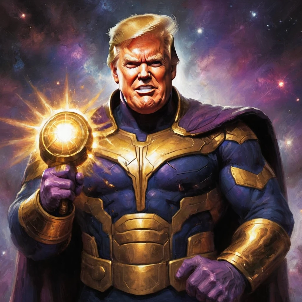 Donald Trump in a triumphant pose, He is portraying villain Thanos, wearing the Infinity gauntlet