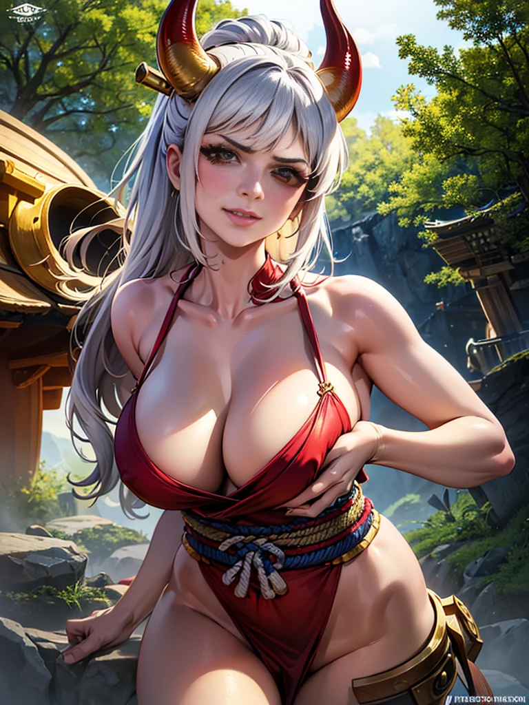 text, Highest quality, masterpiece, 4K, Absurd resolution, Ultra-high resolution, 8k, Actual, Realistic, Bright colors, , Vibrant color palette, Great studio lighting, Very detailed, Detailed eyes, Detailed skin, Detailed Hair, Detailed fabric, Accurate Eyes, BREAK, YamatoV2(one piece), sexy Pose, Perfect body skinny,, Beautiful Lips, Highly detailed face, , sexy, horn(Wrapping , Left and right pair, multicolo Red), large breasts , Cleavage, Slim waist, smile, Torn clothes, Loincloth, Hands in chains, Very detailed, Bright colors, ,The clothes are see-through , full-body, dynamic angle, (background is Japanese Castle)