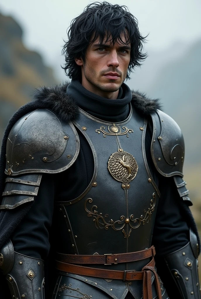 handsome man with messy neck length black hair and dark eyes, clad in targaryen armor. Full-body design.