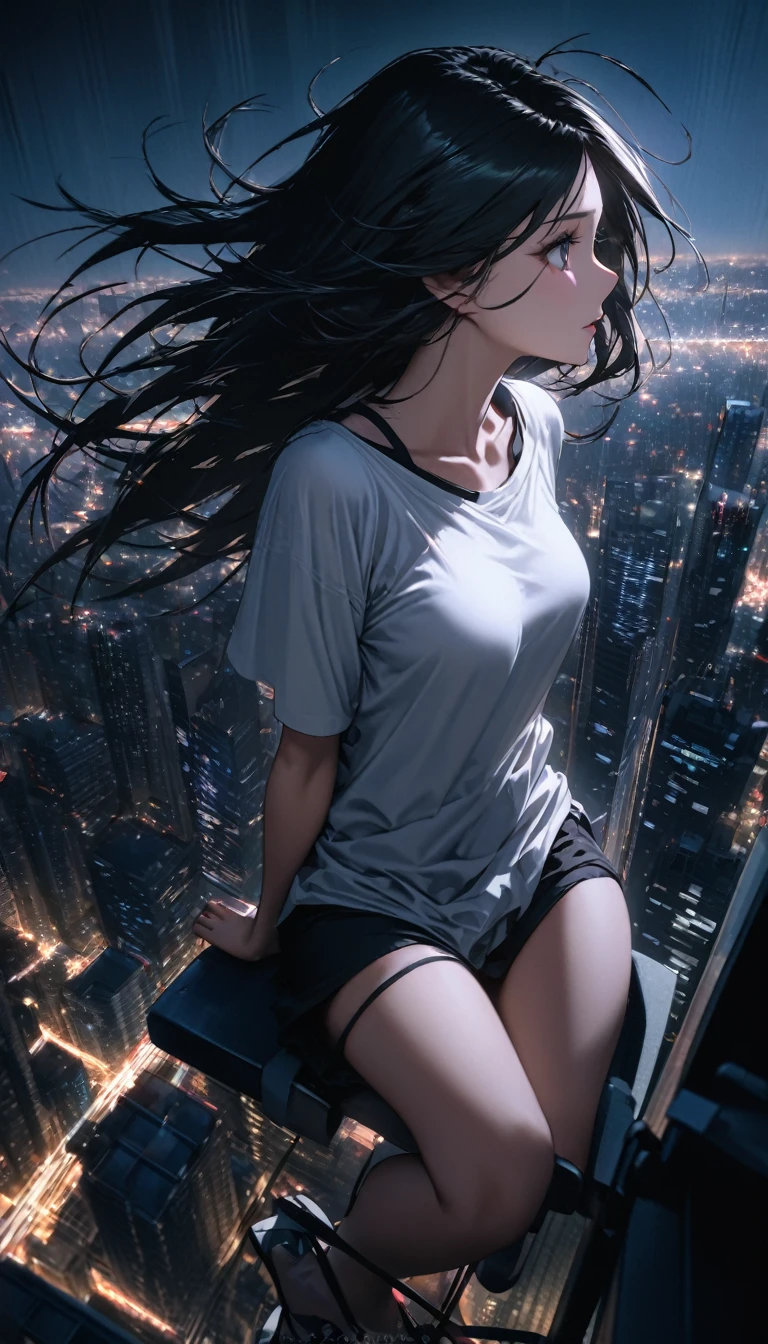 High resolution, Highest quality, high resolution, Super Fine, 16K, Incredibly absurd, Very detailed, Beautiful woman sitting on a trapeze suspended between two skyscrapers, Gazing into the distance, Wear a loose long T-shirt, Captivating look, Wind, Wind-effect, moonlit nightscape, (Nice views:1.1) 