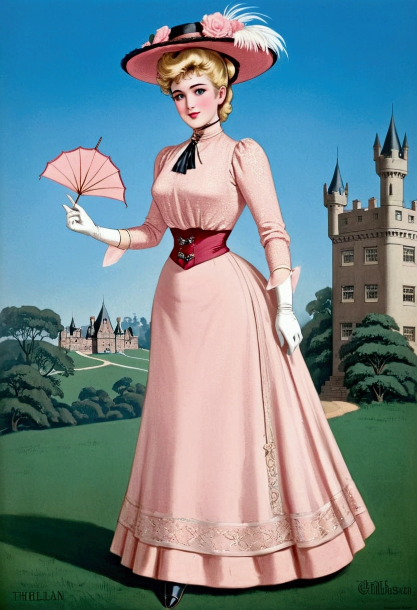 Princess Peach as a gorgeous stylish 15yo blonde teenage Gibson Girl wearing her pink 1905_dr3ss. Year 1906. Edwardian high-neck long sleeve dress. Sheer top. Cameo brooch. Ornate wide-brimmed picture hat fully topped with flowers, jewelry and feathers. White gloves in both hands. Sash tied around her waist. Floor-length skirt. Boots. 40-20-40 hourglass figure. 9-inch wasp waist. Large bubble butt sticking out. S-bend corset. Long blonde Gibson Girl updo with ponytail. Porcelain skin. Big blue eyes, pouty red lips. Thicc Edwardian thots. Slutty demeanor. Full body. Delicately holding a parasol with one hand, pinky finger raised. Castle backdrop.