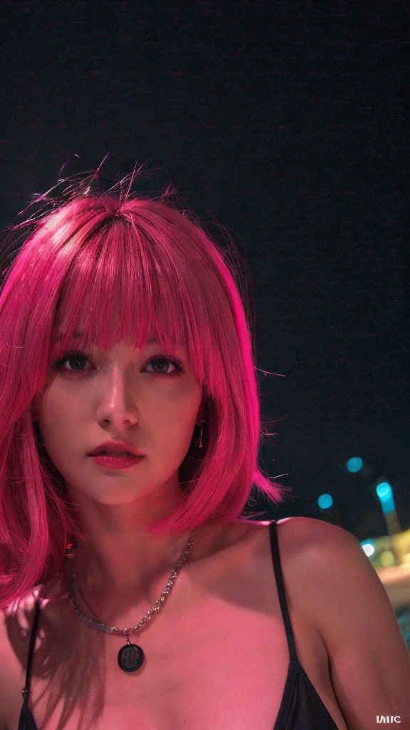 1woman, (Realisitc:1.5) korean woman, dark eyes, bright pink hair, wolfcut haircut, black bikini, high definition, realistic, at a beach party, red lighting, night setting, beach, night, very realistic, 4k,
