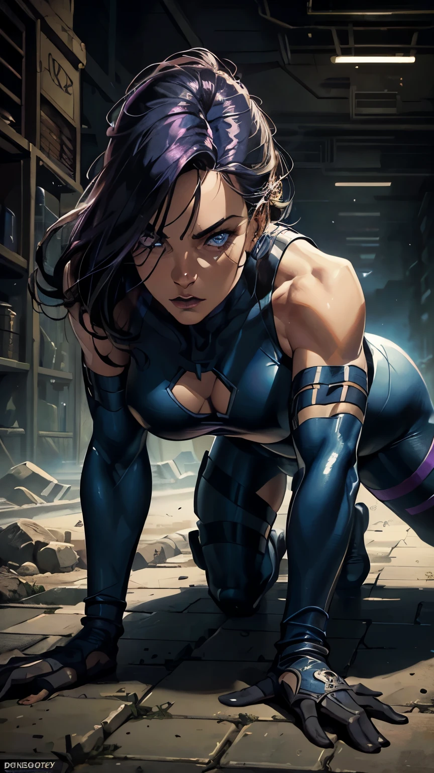 Psylock, X-men character, crawling low to ground towards camera, assassin Mystique, face down, hourglass figure, looking at camera, hyperrealistic, detailed facial features, intricate costume details, dramatic lighting, cinematic composition, digital art, muted color palette, gritty, moody atmosphere