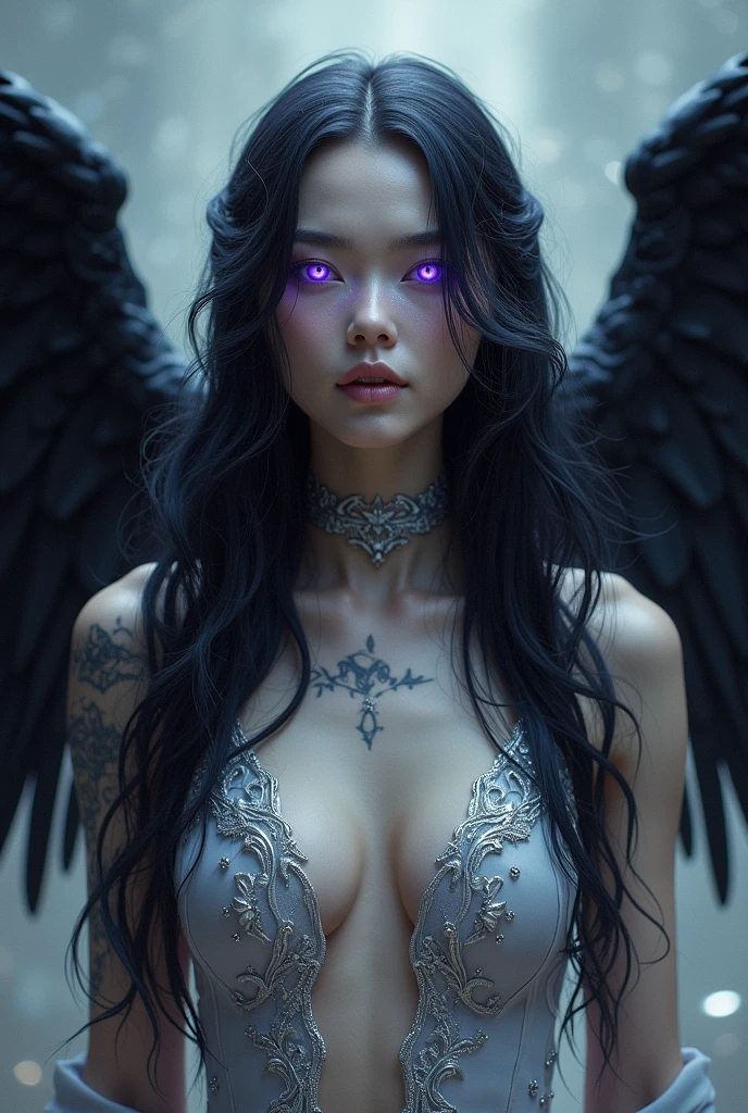 Long, wavy black hair Intense violet eyes Pale, ethereal skin Majestic black wings Sleek, light armor with silver accents Mystical tattoos and markings