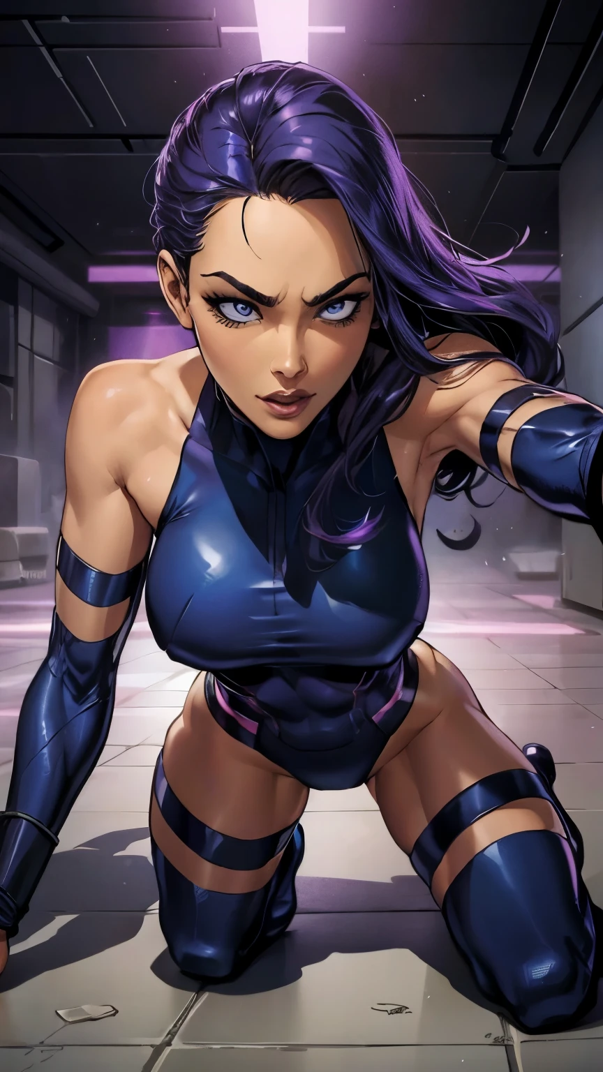 Psylock X-men, crawling towards camera assassin mystique, hourglass figure,