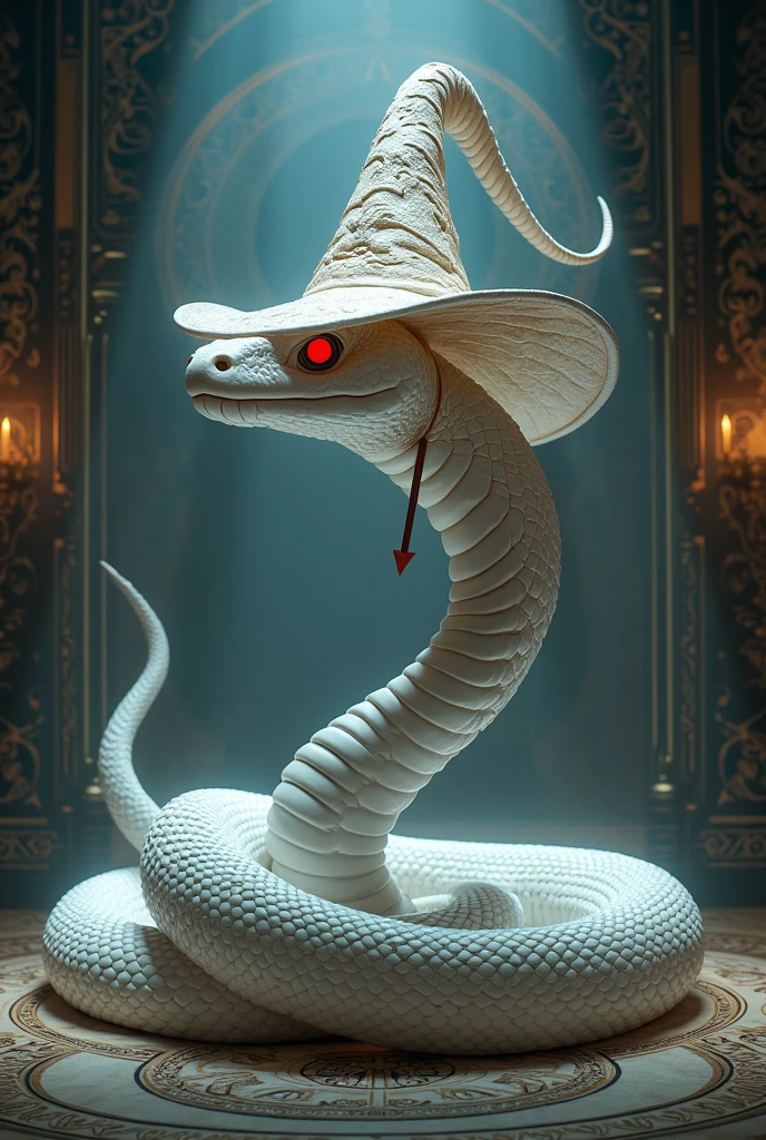 a white snake wearing a wizard's hat, surrounded by intricate patterns and magical symbols, no people, hat, witch's hat, animal focus, border, animal, black border, red eyes, arrow (projectile) hyper-detailed,ultra-realistic, 8k,ultra-realistic, hyper-detailed, 32k uhd. magic circles, Luxury witches room, 