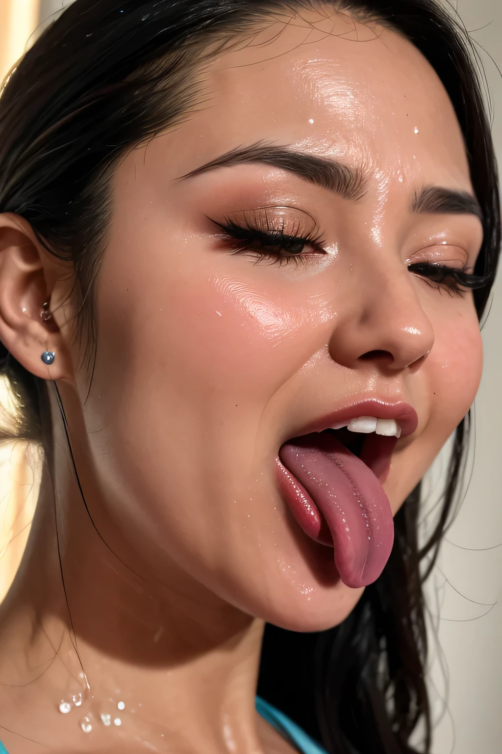 Tabletop,,Award-winning photo, Very detailed, Sharp focus on the eyes, Nose and mouth,Face Focus, Woman with open mouth and closed eyes, blue camisole、Age 35,Black-haired、Symmetrical face,Realistic nostrils、Angle from below,,Sweaty skin、Lighting that highlights sweaty skin、((Nose hook))Skin shiny with sweat、Glowing Skin、Sweaty hair,Beautiful Japanese actresses,smile,(Super wet skin)((Super Steam))((ahegao,,Sticking out tongue,Long Tongue,))((Realistic eyelashes with attention to detail))((ahegao, Drooling, traces of saliva, Long Tongue, Face to face, Textured skin, Anatomically correct, Ultra-high resolution,))Thick tongue,Realistic moist skin