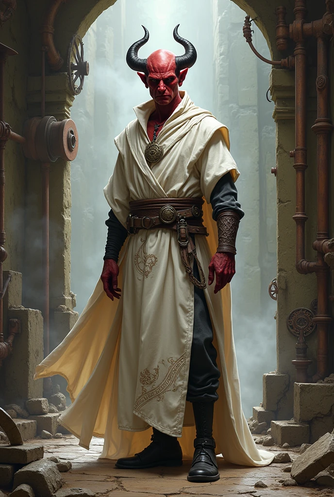 French Tiefling men for Dugeons and dragons,bald ,tunic color white ,magician, tematic Steampunk 