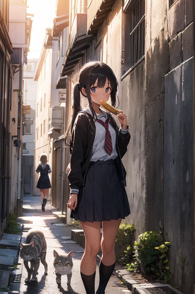 girl in school uniform feeding a grey cat, alleyway, sunset, 50mm lens