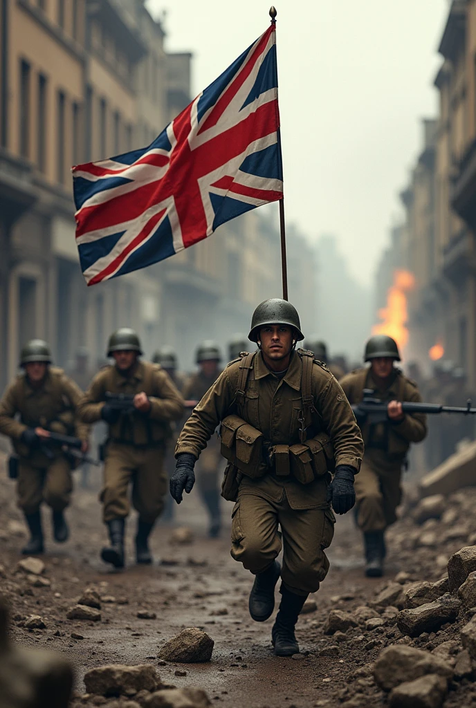 ((realistic quality)) ((art work)) ((perfectquality)) A group of soldiers dressed in dark clothes ran forward，The flag points to the sky, overcast day, Dia sombrio