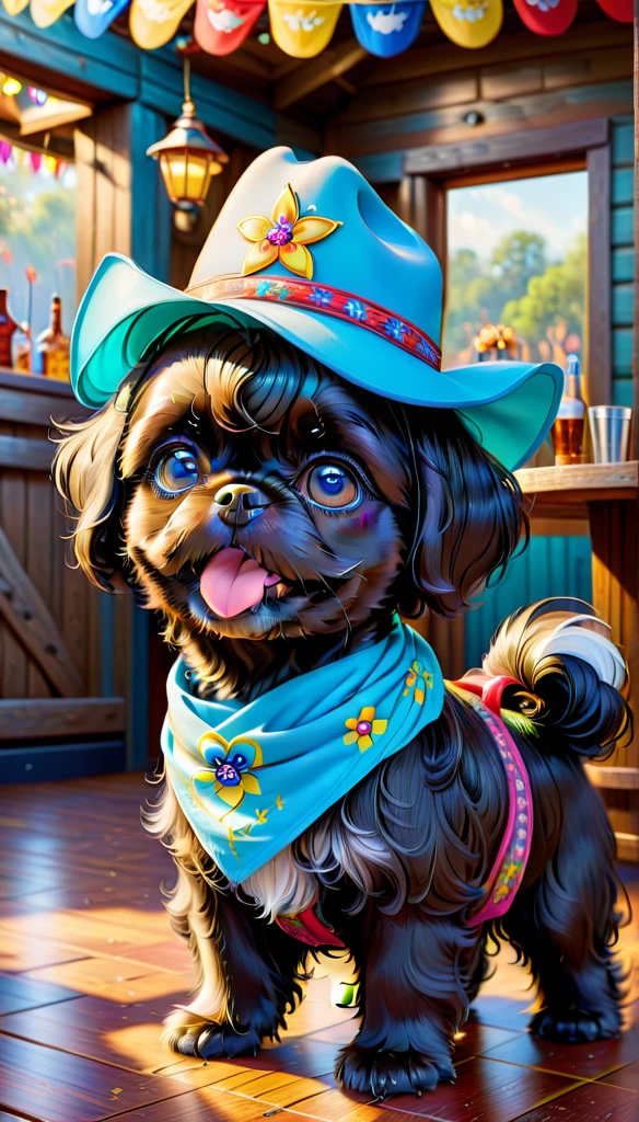 2 adorable black Shih tzu puppies with big blue eyes wearing colorful bandanas and cowboy hats dancing on Disney dance floor at a Disney country bar, 3D Pixar style