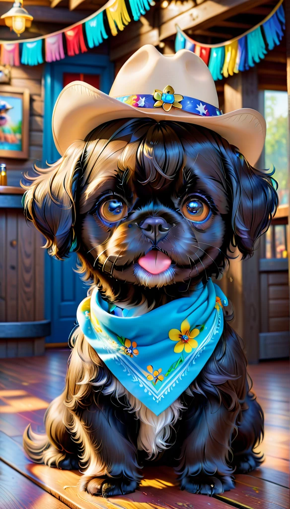 2 adorable black Shih tzu puppies with big blue eyes wearing colorful bandanas and cowboy hats dancing on Disney dance floor at a Disney country bar, 3D Pixar style