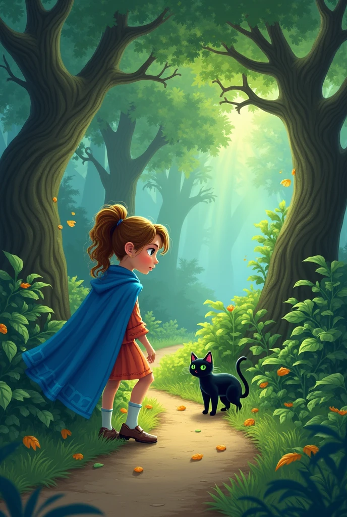 age girl with a blue cape was walking along the forest path and found a black cat with green eyes in some bushes