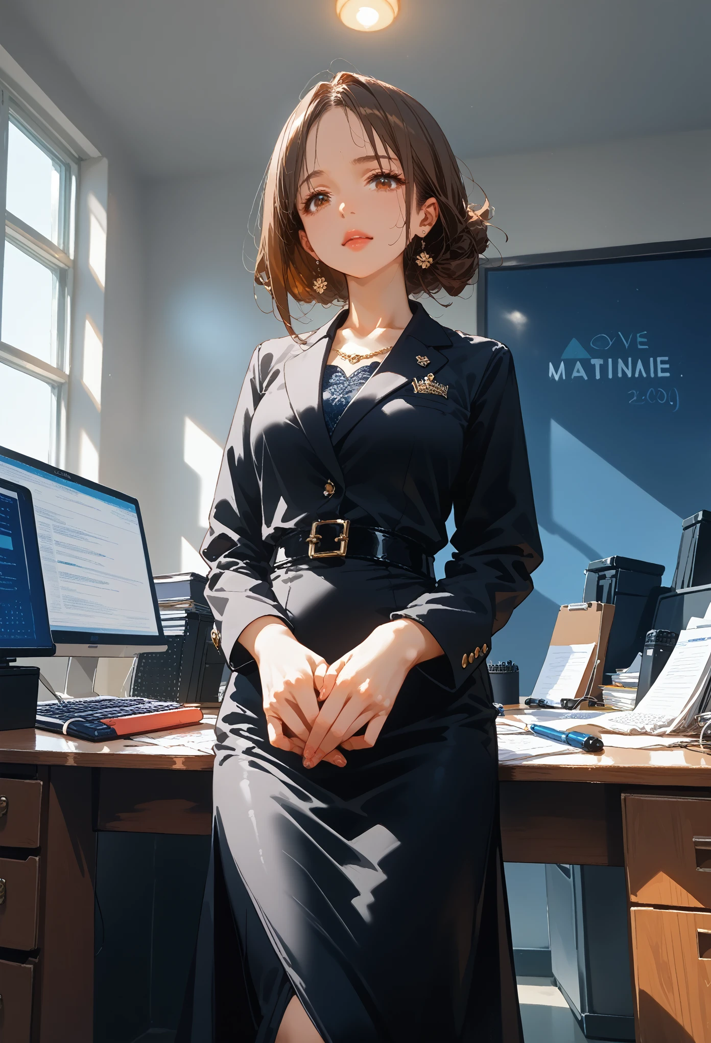 masterpiece, Great, (office: 1.8) standing, 1 royal sister, wicked, Girl Sexy, curvaceous, Eye Catching Short Brown Hair, Fashionable dress, hand holds folder with documents, facing the audience, illustration, wide angle panorama,Shine, Beautiful Shapes of the Girl, четкая прорисовка Деталей cinematic film still,score_9,score_8_up,score_7_up,masterpiece,best quality,8k,source_cartoon,source_アニメ