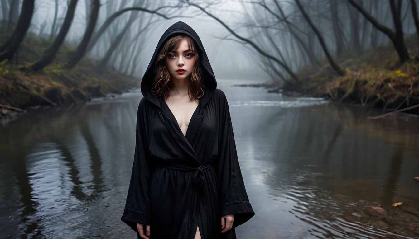 ((masterpiece, Fantasy,Only the left eye is closed,Black paint on eyelids and cheeks, Beautiful girl, Black hooded heavy robe, Wizard)), Brown hair with wavy ends,short hair,Pale skin,Heavy Robe,assassin, Robe over grey clothes, forest, Small River, fog,Thin lips,Looking down, dark, night