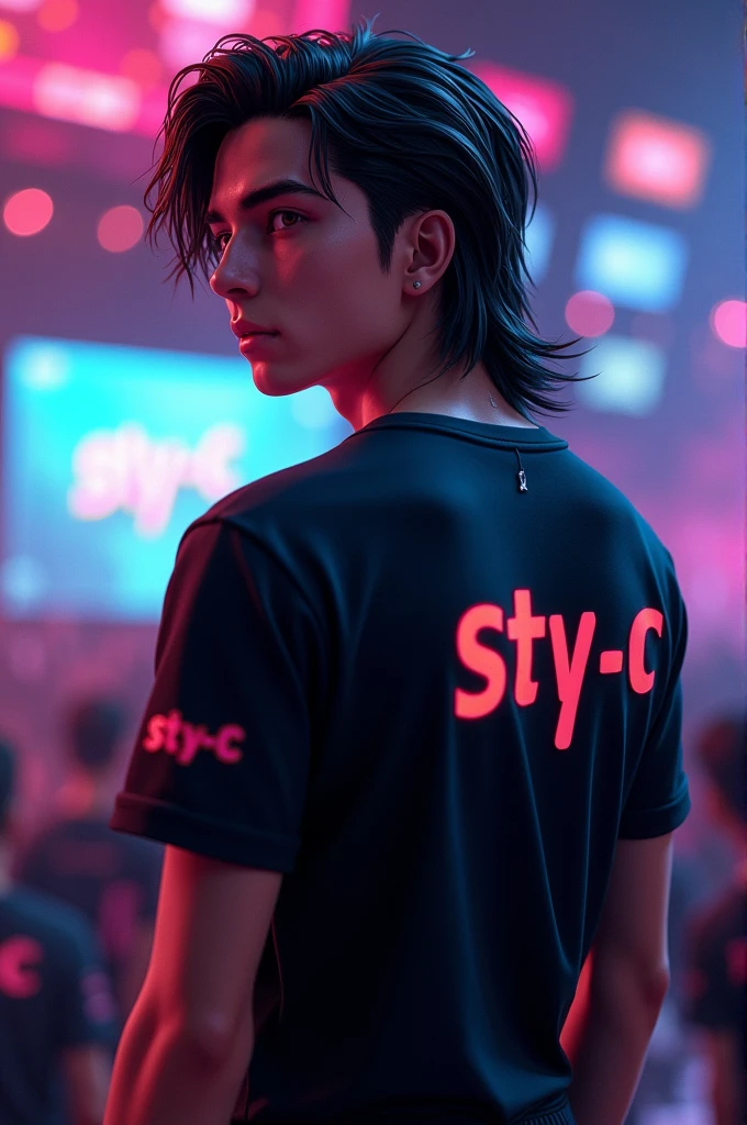 3D cowok cool, handsome, long hair esports game wearing a black shirt with Sty-c written in blue on the back