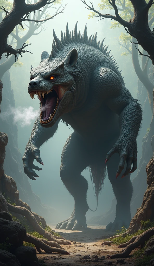 Gigantic dangerous and mythical hybrid of hyena and a comodo dragon with scary background