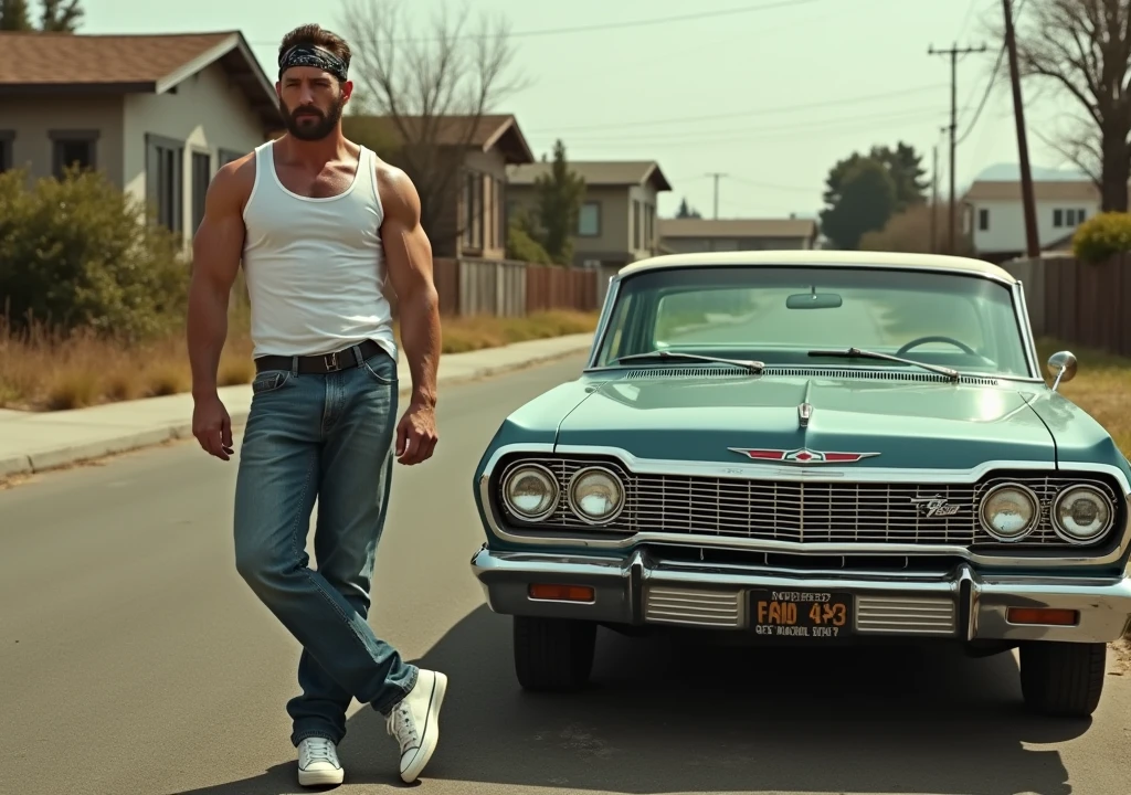 A hyper-realistic, 8K image featuring a heavily muscular Hugh Jackman wearing a white tank top and white Converse sneakers. He has a Mexican-style bandana tied around his head, resembling a gang member. Hugh is leaning back against a 1964 Chevrolet Impala, parked beside him. The background depicts a gritty suburban neighborhood in Compton, with run-down houses, overgrown lawns, and a tough, urban vibe